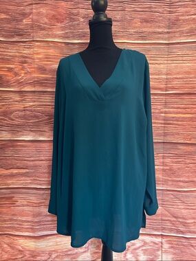 EVRI Emerald Green Long Sleeve V-Neck Blouse | Size 2X